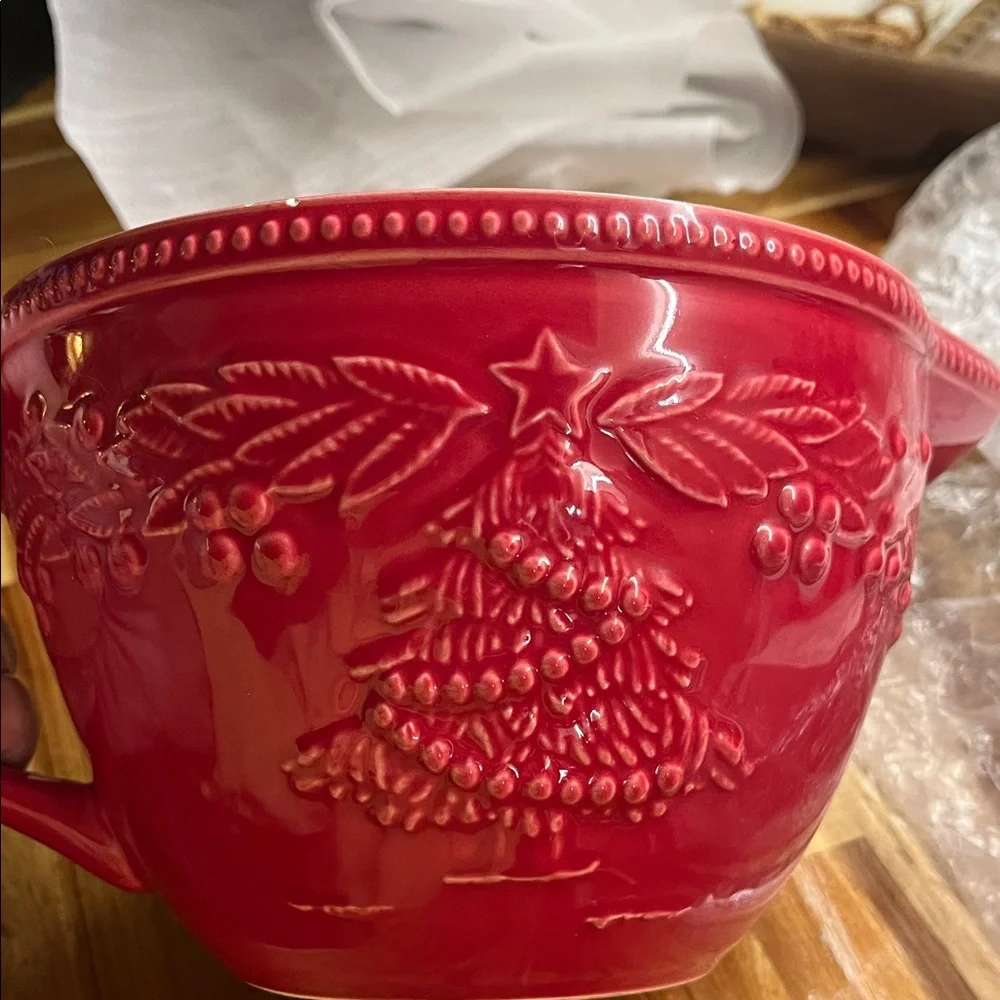 Sur La Table Festive Red Holiday Batter Bowl with Handle and Spout